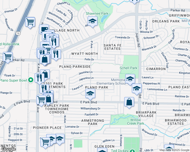 map of restaurants, bars, coffee shops, grocery stores, and more near 1700 Japonica Lane in Plano