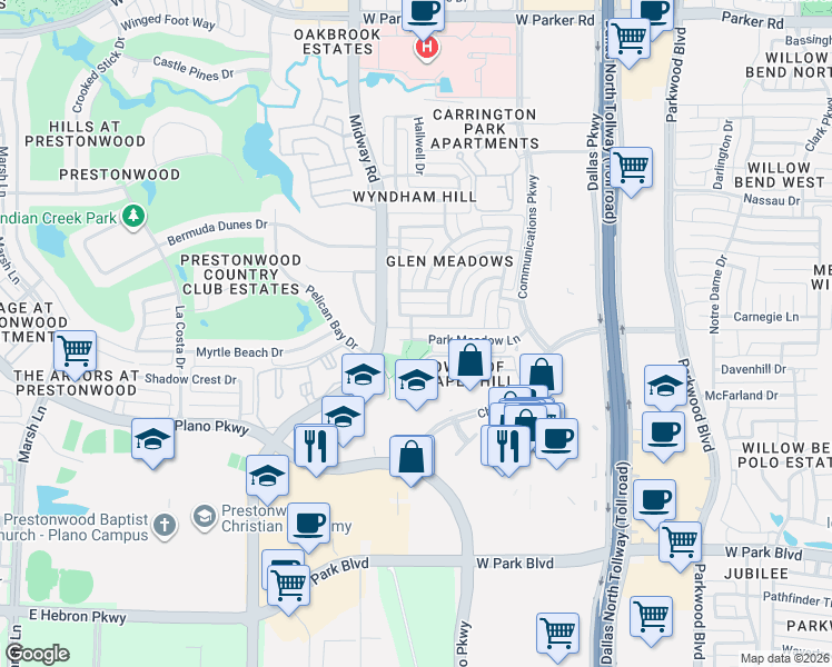 map of restaurants, bars, coffee shops, grocery stores, and more near 6300 Park Meadow Lane in Plano