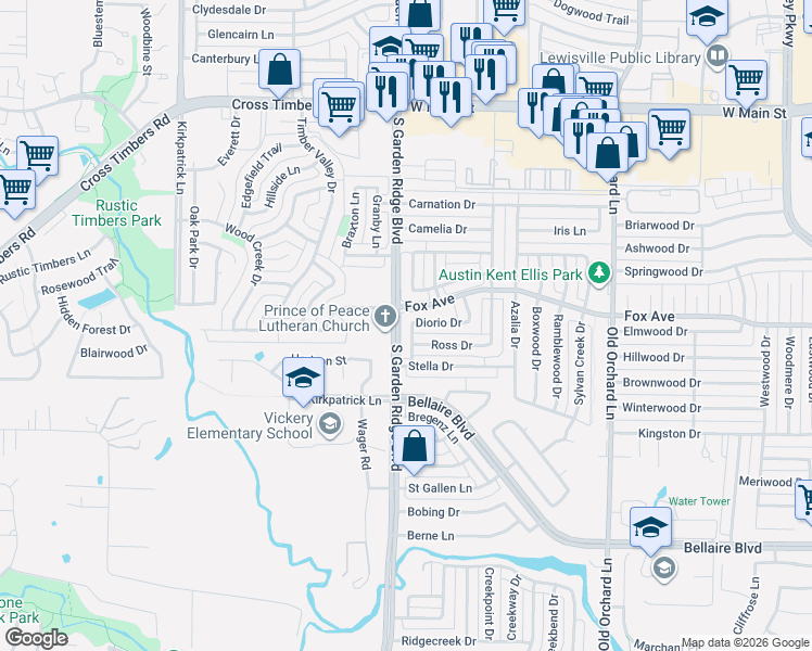 map of restaurants, bars, coffee shops, grocery stores, and more near 1431 Ross Drive in Lewisville