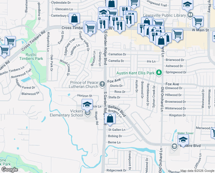map of restaurants, bars, coffee shops, grocery stores, and more near 1431 Ross Drive in Lewisville