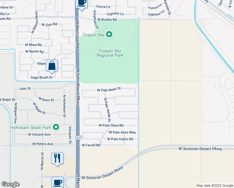 map of restaurants, bars, coffee shops, grocery stores, and more near 44183 West Palo Amarillo Road in Maricopa