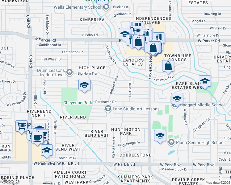 map of restaurants, bars, coffee shops, grocery stores, and more near 3316 Appalachian Way in Plano