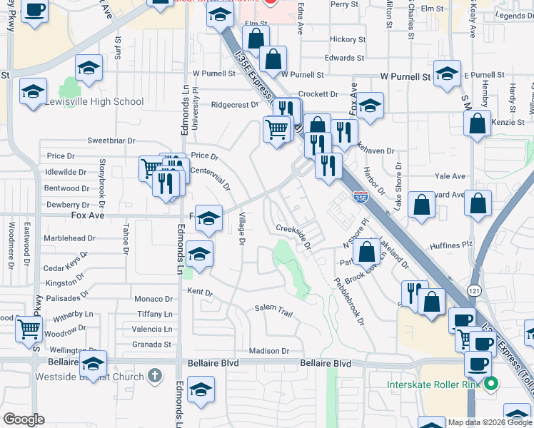 map of restaurants, bars, coffee shops, grocery stores, and more near 836 Creekside Drive in Lewisville