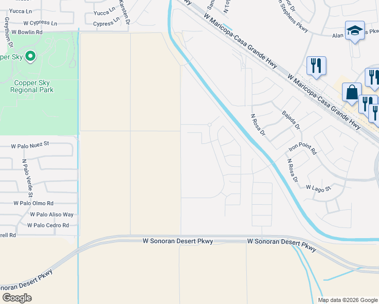 map of restaurants, bars, coffee shops, grocery stores, and more near 43054 W Farrell Rd in Maricopa