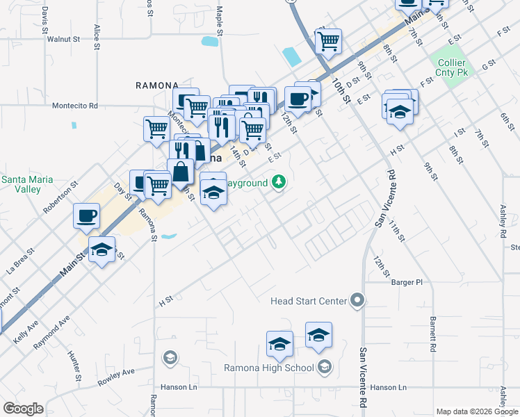 map of restaurants, bars, coffee shops, grocery stores, and more near 772 Warpaint Drive in Ramona