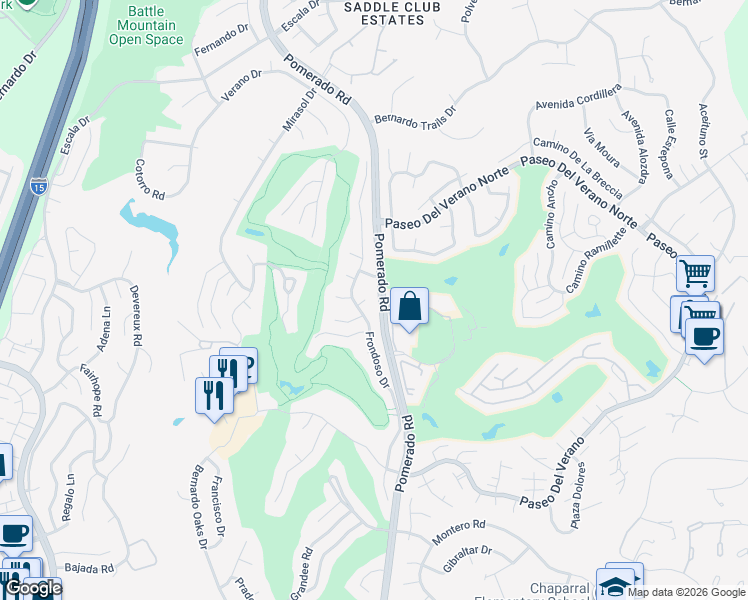 map of restaurants, bars, coffee shops, grocery stores, and more near 17663 Frondoso Drive in San Diego