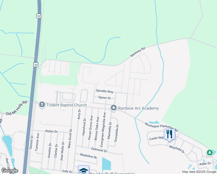 map of restaurants, bars, coffee shops, grocery stores, and more near 129 Spindle Way in Goose Creek
