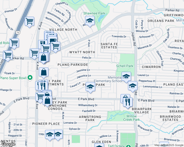 map of restaurants, bars, coffee shops, grocery stores, and more near 1700 Japonica Lane in Plano