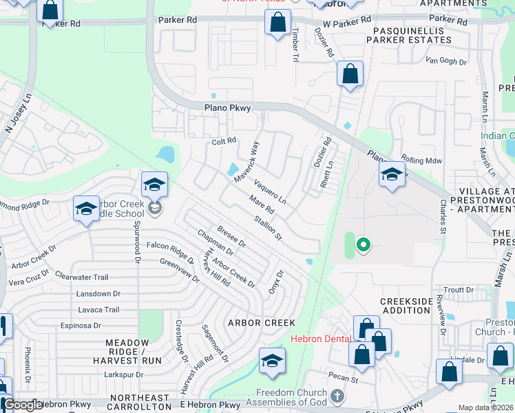 map of restaurants, bars, coffee shops, grocery stores, and more near 2355 Stallion Street in Carrollton