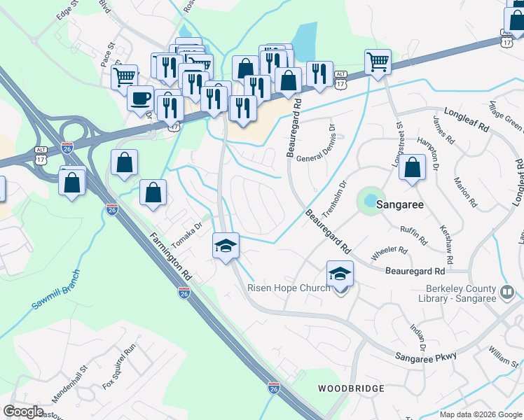 map of restaurants, bars, coffee shops, grocery stores, and more near 1305 Lantern Road in Summerville