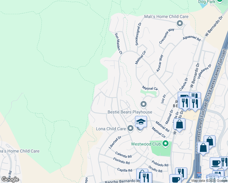 map of restaurants, bars, coffee shops, grocery stores, and more near 17847 Toltec Court in San Diego