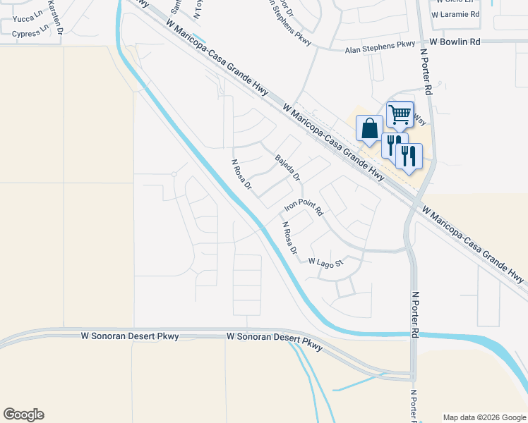 map of restaurants, bars, coffee shops, grocery stores, and more near 17170 North Rosa Drive in Maricopa