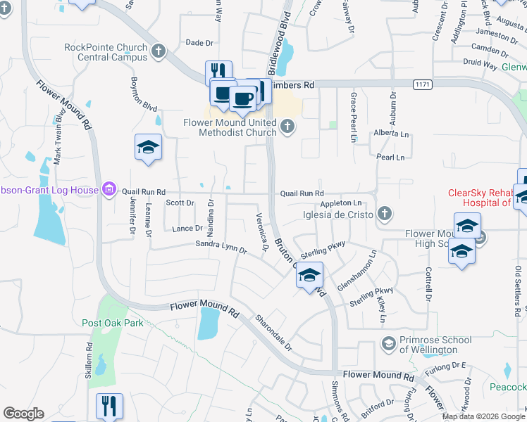map of restaurants, bars, coffee shops, grocery stores, and more near 3520 Veronica Drive in Flower Mound