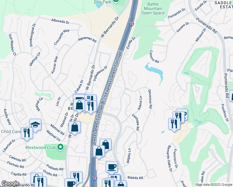 map of restaurants, bars, coffee shops, grocery stores, and more near 11860 Caminito Ronaldo in San Diego