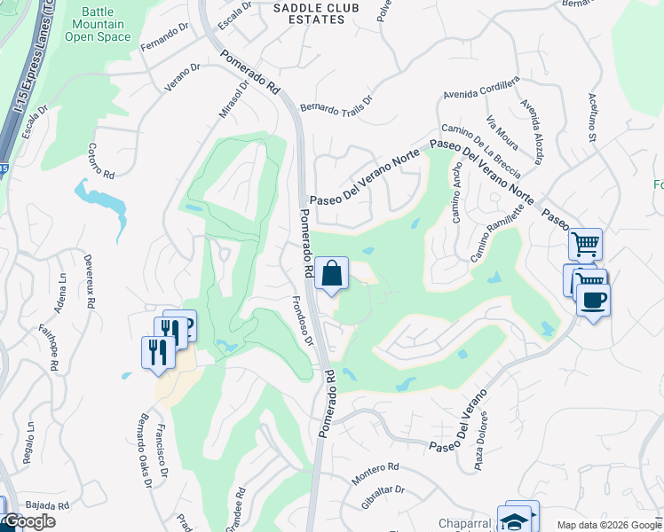 map of restaurants, bars, coffee shops, grocery stores, and more near 17647 Pomerado Road in San Diego