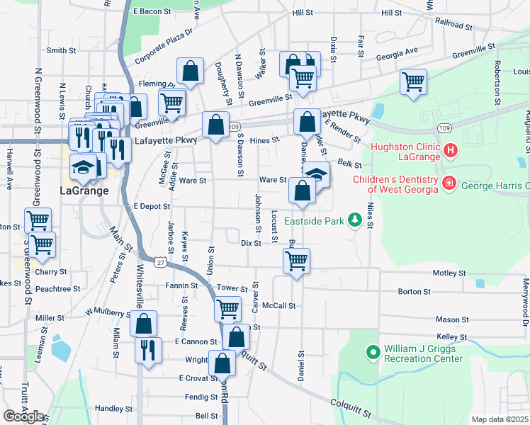 map of restaurants, bars, coffee shops, grocery stores, and more near 307 Johnson Street in LaGrange