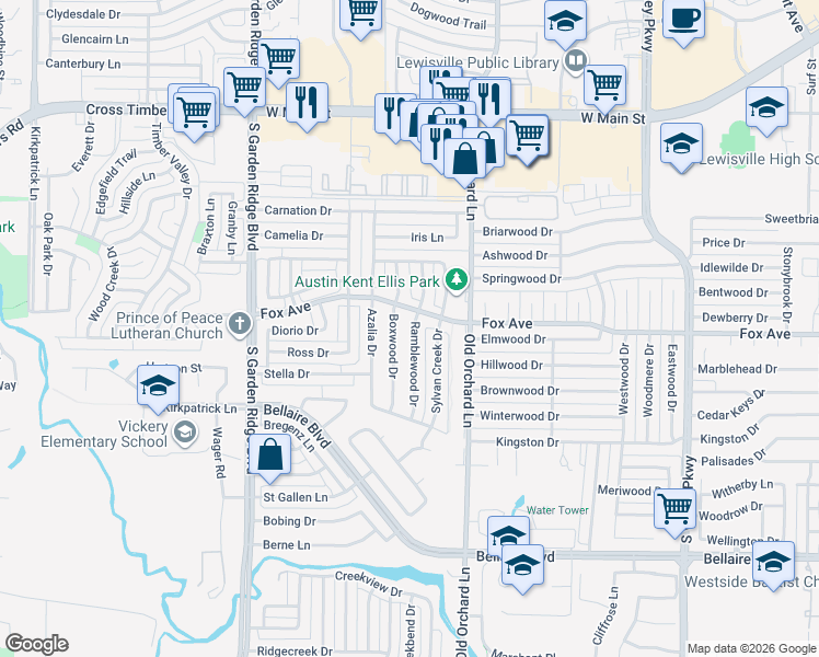 map of restaurants, bars, coffee shops, grocery stores, and more near 919 Boxwood Drive in Lewisville