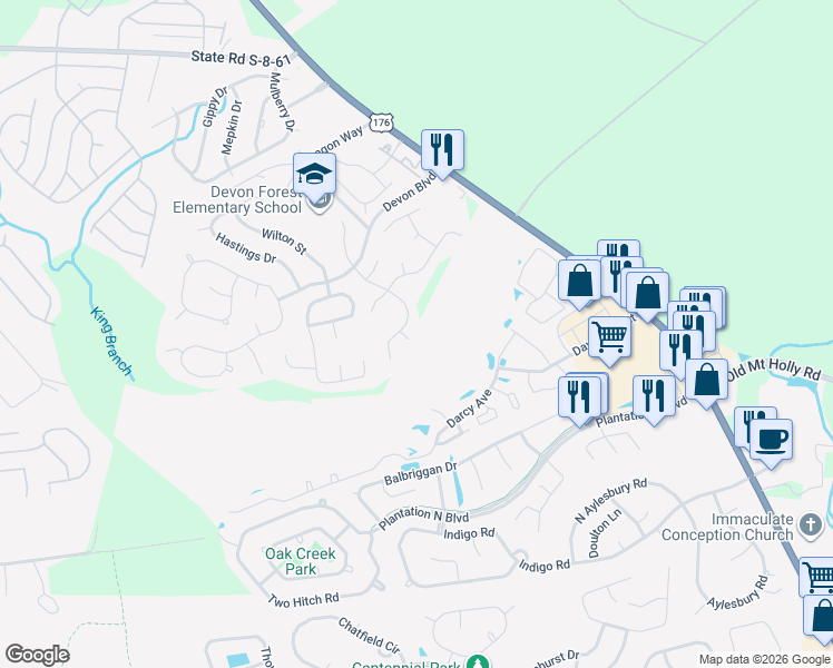 map of restaurants, bars, coffee shops, grocery stores, and more near 208 Hawkridge Place in Goose Creek