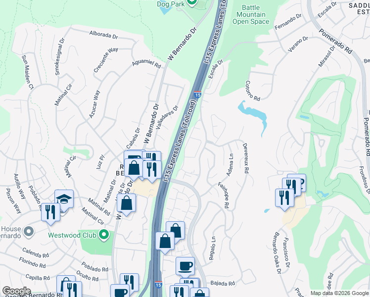 map of restaurants, bars, coffee shops, grocery stores, and more near Caminito Pinero in San Diego