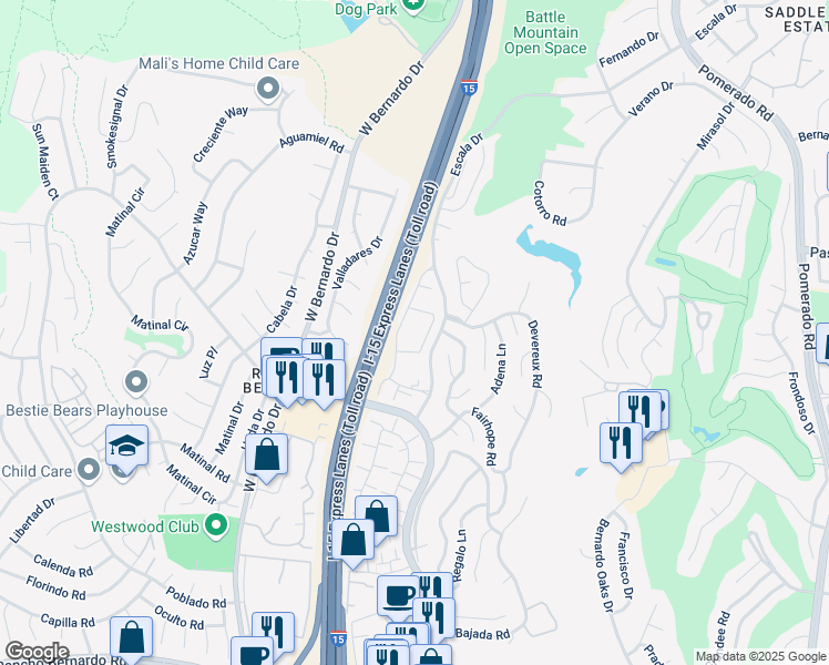 map of restaurants, bars, coffee shops, grocery stores, and more near 17925 Caminito Vera in San Diego