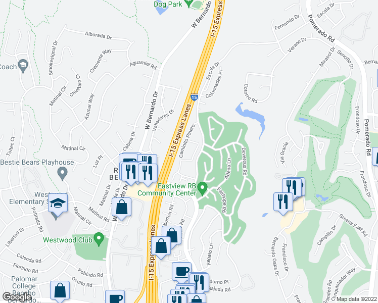 map of restaurants, bars, coffee shops, grocery stores, and more near 11860 Caminito Ronaldo in San Diego