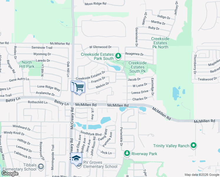 map of restaurants, bars, coffee shops, grocery stores, and more near 3400 McMillen Road in Wylie