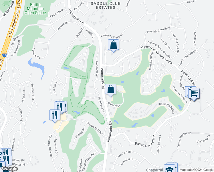 map of restaurants, bars, coffee shops, grocery stores, and more near 17647 Pomerado Road in San Diego