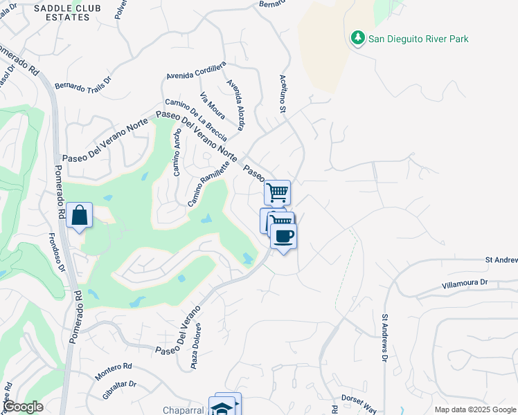 map of restaurants, bars, coffee shops, grocery stores, and more near 17612 Fonticello Way in San Diego