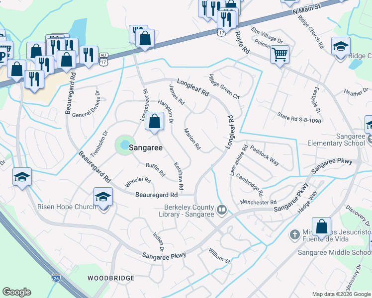 map of restaurants, bars, coffee shops, grocery stores, and more near 1308 Hampton Drive in Summerville