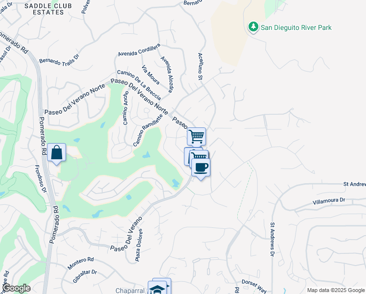 map of restaurants, bars, coffee shops, grocery stores, and more near 17612 Fonticello Way in San Diego