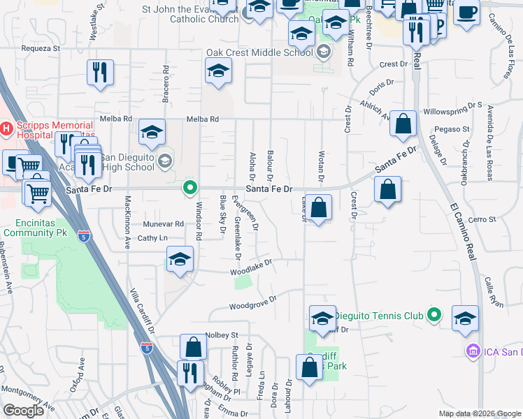 map of restaurants, bars, coffee shops, grocery stores, and more near 1328 Caminito Septimo in Encinitas