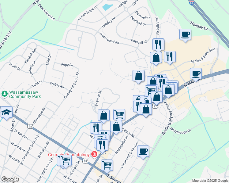 map of restaurants, bars, coffee shops, grocery stores, and more near 201 West 9th North Street in Summerville
