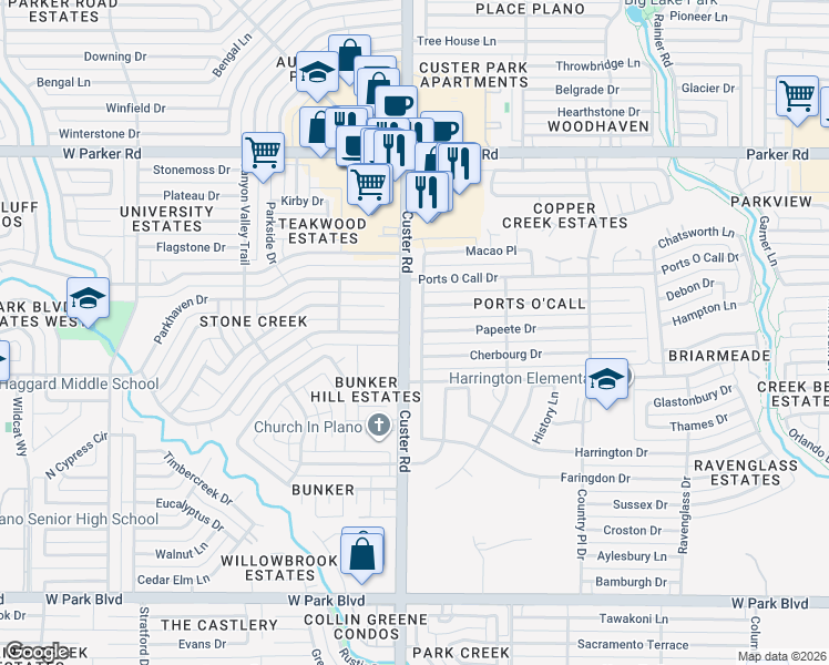 map of restaurants, bars, coffee shops, grocery stores, and more near 2626 Custer Road in Plano