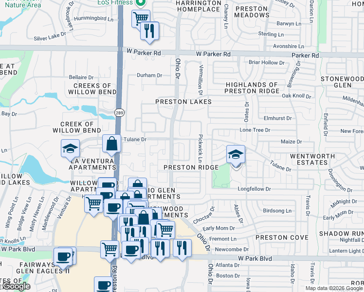 map of restaurants, bars, coffee shops, grocery stores, and more near 2620 Red Bluff Court in Plano