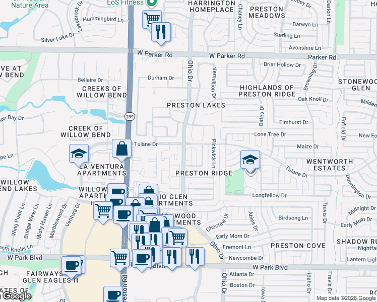 map of restaurants, bars, coffee shops, grocery stores, and more near 2620 Red Bluff Court in Plano