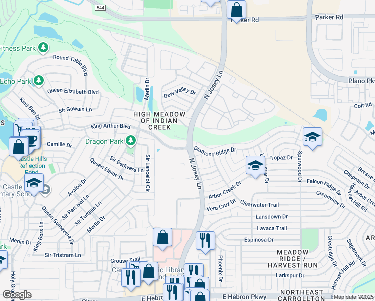 map of restaurants, bars, coffee shops, grocery stores, and more near 4541 North Josey Lane in Carrollton