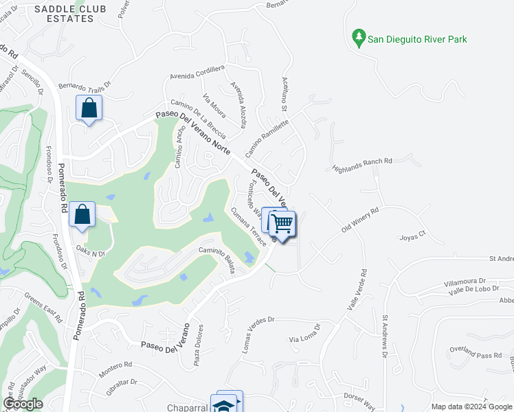 map of restaurants, bars, coffee shops, grocery stores, and more near 17647 Fonticello Way in San Diego