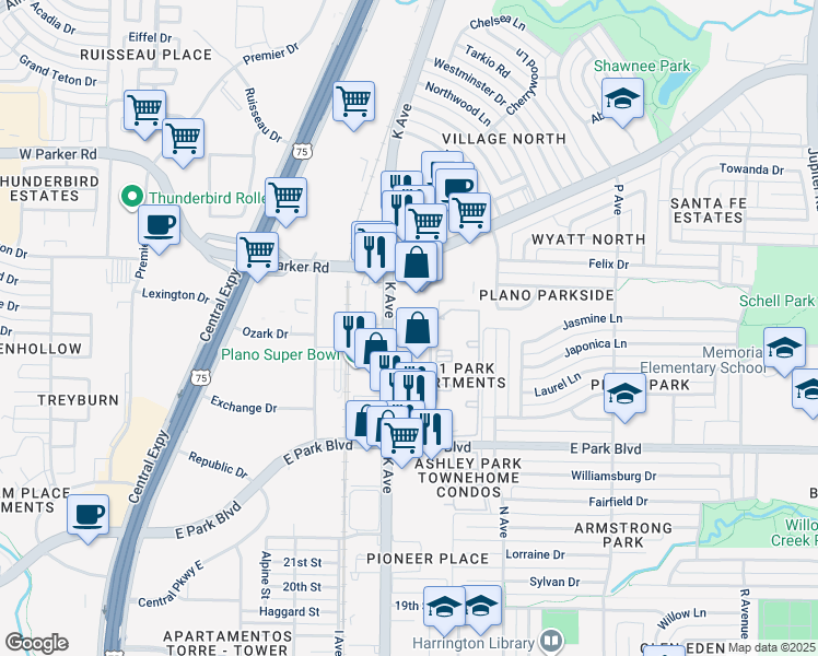 map of restaurants, bars, coffee shops, grocery stores, and more near 2708-2712 K Avenue in Plano