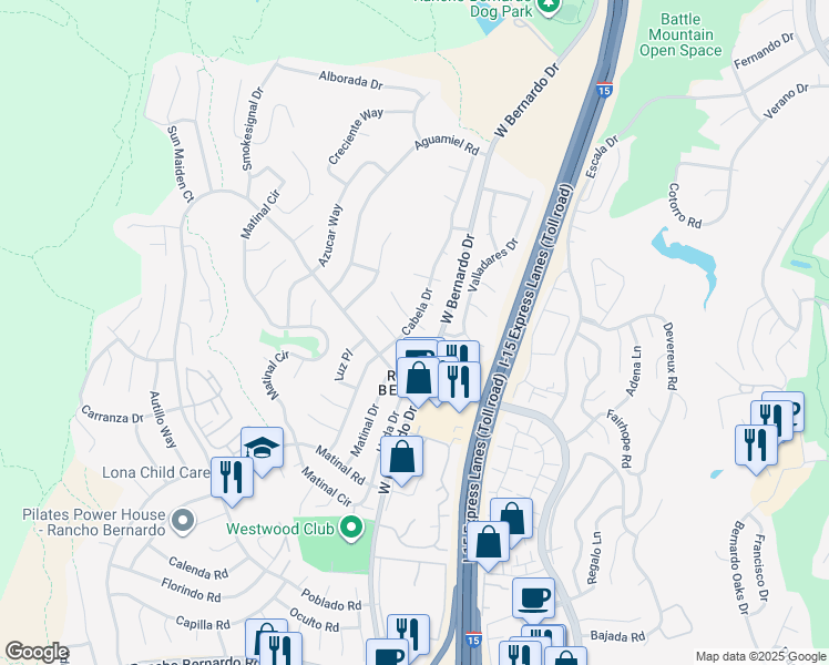 map of restaurants, bars, coffee shops, grocery stores, and more near 11515 Escoba Place in San Diego