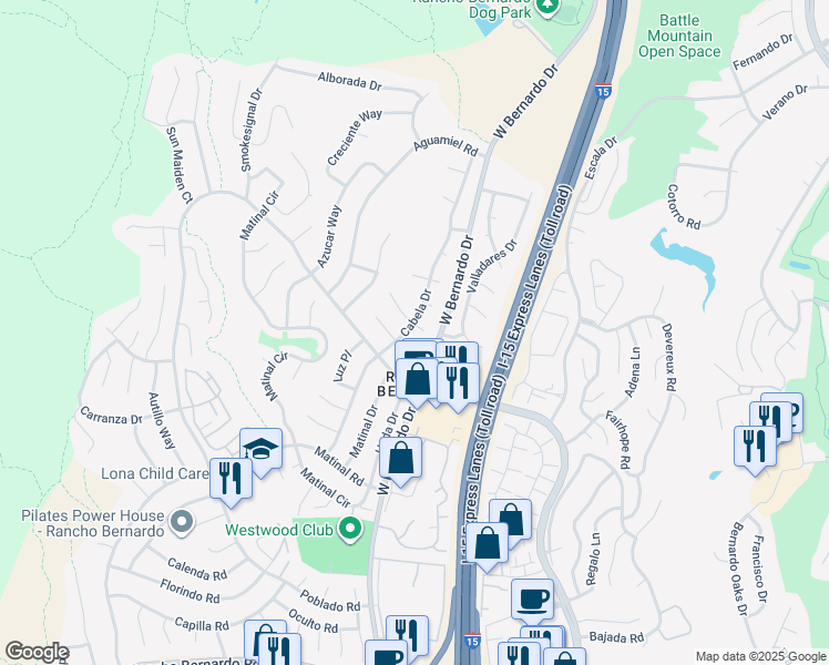 map of restaurants, bars, coffee shops, grocery stores, and more near 11515 Escoba Place in San Diego