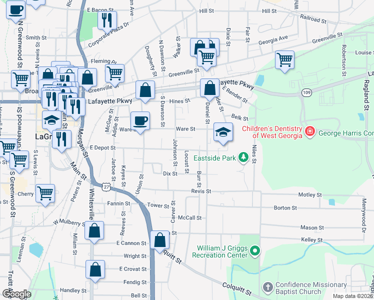 map of restaurants, bars, coffee shops, grocery stores, and more near 110 Burr Street in LaGrange