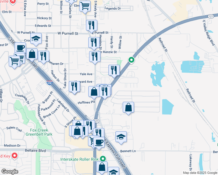 map of restaurants, bars, coffee shops, grocery stores, and more near 451 Highway 121 Business in Lewisville