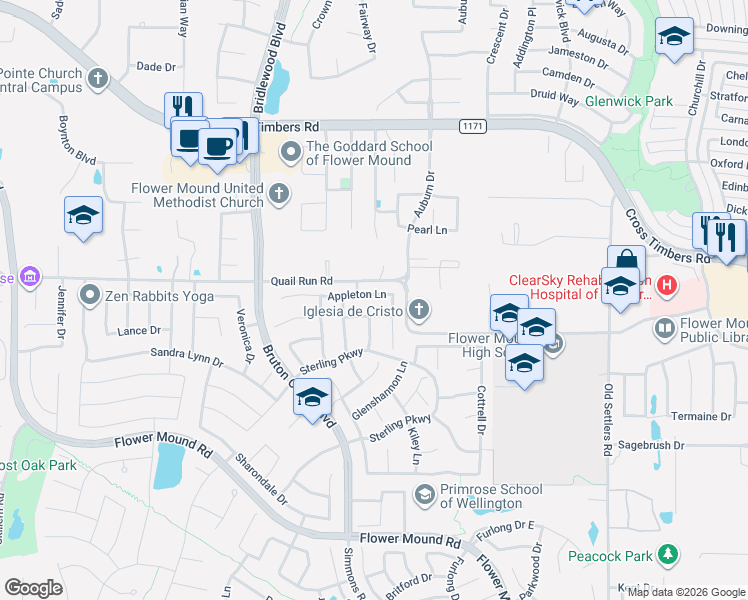 map of restaurants, bars, coffee shops, grocery stores, and more near 3804 Appleton Lane in Flower Mound