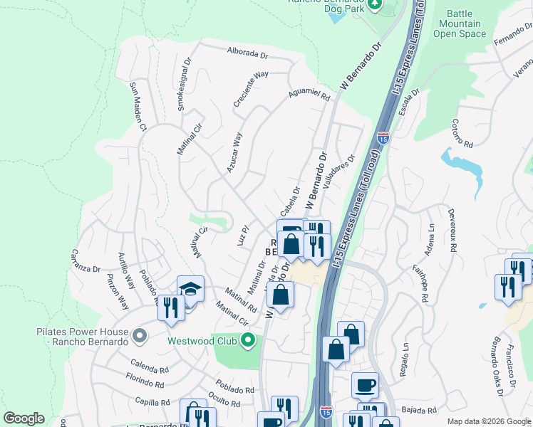 map of restaurants, bars, coffee shops, grocery stores, and more near 11467 Aliento Court in San Diego