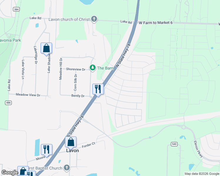 map of restaurants, bars, coffee shops, grocery stores, and more near 104 Braves Way in Lavon