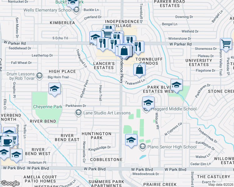 map of restaurants, bars, coffee shops, grocery stores, and more near 3112 Teakwood Lane in Plano