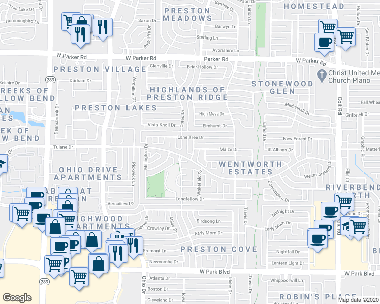 map of restaurants, bars, coffee shops, grocery stores, and more near 2716 Oates Drive in Plano