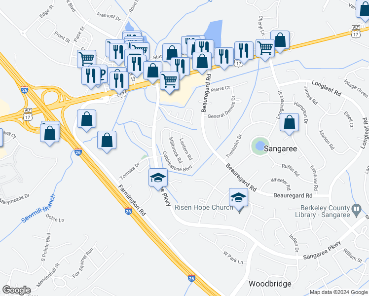 map of restaurants, bars, coffee shops, grocery stores, and more near 1316 Lantern Road in Summerville