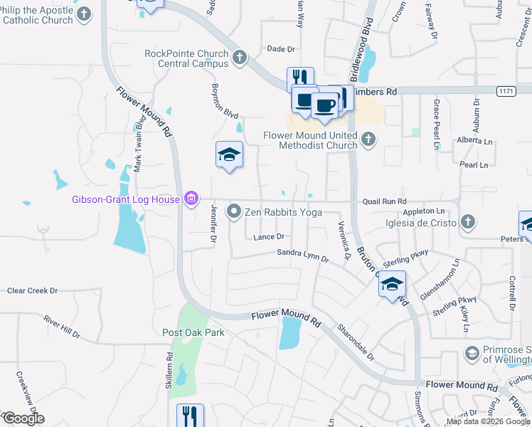 map of restaurants, bars, coffee shops, grocery stores, and more near 4400 Scott Drive in Flower Mound