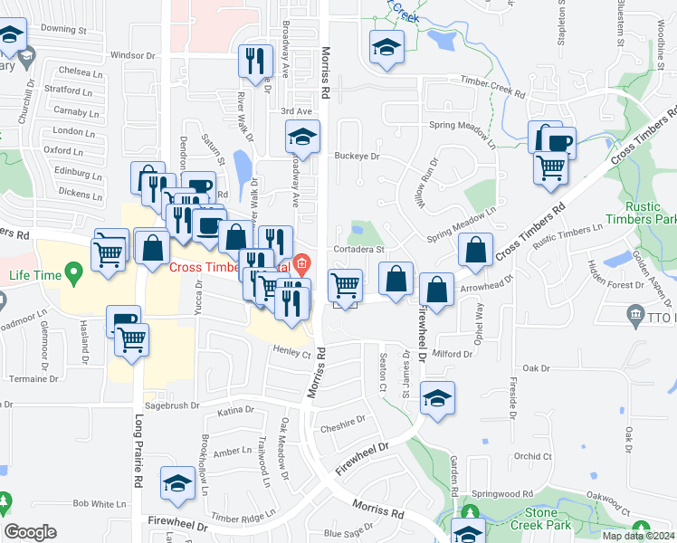 map of restaurants, bars, coffee shops, grocery stores, and more near 3734 Twin Oak Court in Flower Mound